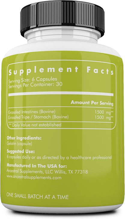 Ancestral Supplements Grass Fed Beef Intestines with Stomach (Tripe), 3000mg, Digestion Supplement Supports Acid Reflux and Gut, Intestine and Digestive Health, Non GMO, 180 Capsules