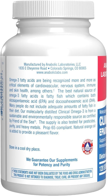 Clinical Omega 3 Fish Oil Supplement with EPA and DHA - 120 Orange Flavored Softgels for Heart, Immune, and Nervous Health - 1200mg of Molecularly Distilled Omega-3