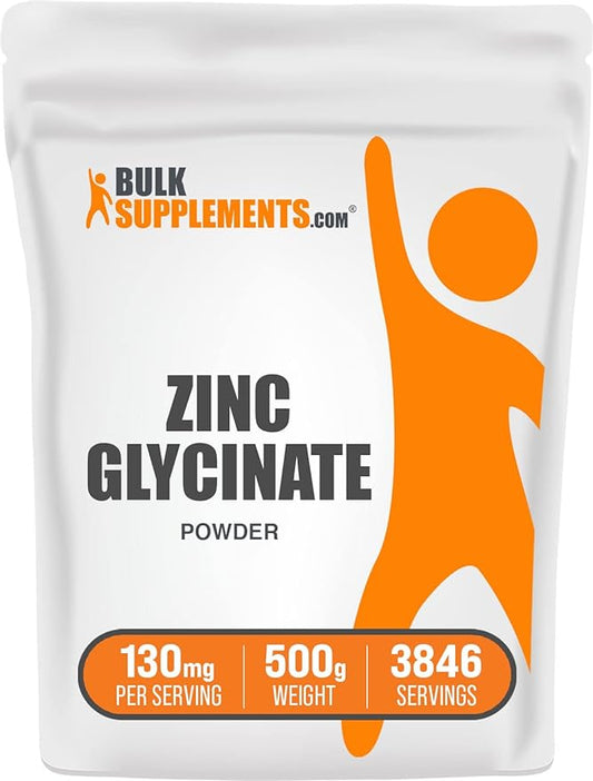 BulkSupplements.com Zinc Glycinate Powder - Zinc Supplement, for Immune Support - Gluten Free, 130mg per Serving, 500g (1.1 lbs) (Pack of 1)