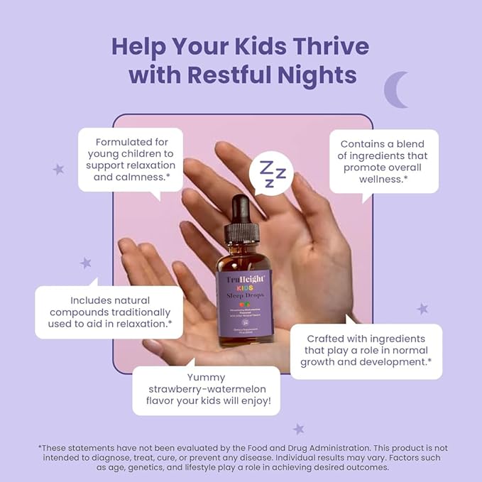 TruHeight Kids Sleep Tincture Ages 2+ (Watermelon Flavor) - Babies, Toddlers & Kids Natural Sleep Aid - Baby, Toddler, Child Melatonin 2 Year Old+ - Vitamin B6, Riboflavin, Zinc, Copper, Lemon Balm