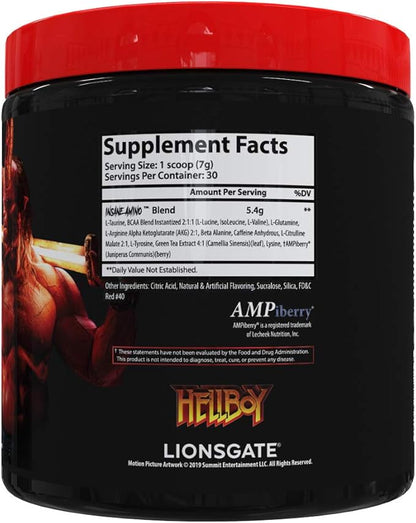 Insane Labz Insane Amino Hellboy Edition, BCAA with Energy Focus Muscle Recovery, Intra Workout Powder, 2 1 1 Branched Chain Amino Acid Powder, 30 Srvgs, Lemonade