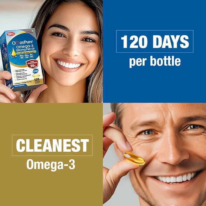 LABO Nutrition OmaxPure Omega3 Fish Oil - 1125mg Omega 3 IFOS Certified - High Potency rTG Omega Fish Oil Supplement with DHA & EPA - for Heart, Brain, Joint & Immune Support - 120 Softgels