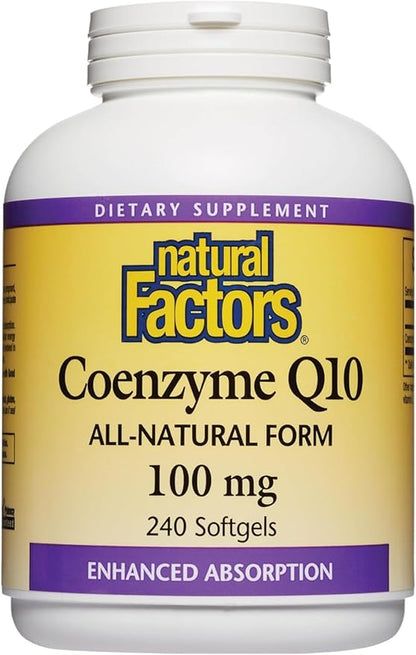 Natural Factors Coenzyme Q10 100 mg, Natural Coenzyme Q10 Supplement for Energy, Heart and Cognitive Support, 240 Softgels
