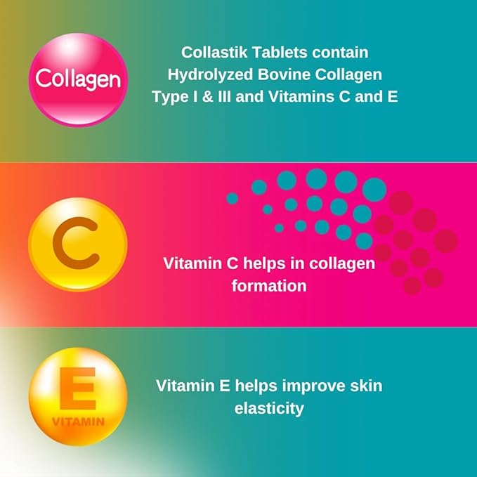 Hydrolyzed Collagen and Vitamins C and E for Women. Skin and Nails Health, Premium Formula Collagen Plus Antioxidants Supplement, 100 Tablets, Collastik