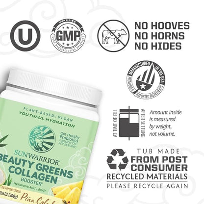 Sunwarrior Vegan Beauty Greens Drink Plant-Based | Hyaluronic Acid Minerals Biotin Probiotics Non-GMO Soy Free Sugar Free Dairy Free Gluten Free | Pina Colada 25 Servings