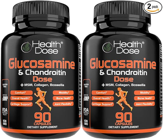 Glucosamine Plus Premium Joint Support - with MSM, Collagen & Boswellia - 90 Capsules - Antioxidant Properties for Cartilage Support, Joint Health & Mobility Pack of 2.