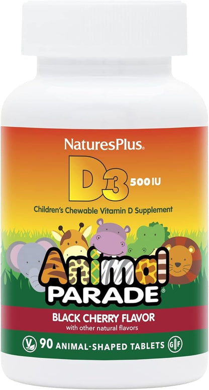 Natures Plus Animal Parade Vitamin D3 Children’s Chewables - Black Cherry Flavor - 90 Animal-Shaped Tablets - Gluten Free, Vegetarian, Hypoallergenic - 90 Servings