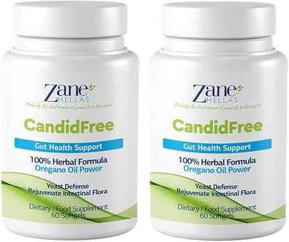 Zane Hellas Candidfree Softgels. Oregano Oil Power. Candida Support. Gut Health Support. Colon Health Support. Intestinal Flora Support. 100% Herbal Solution. 120 Softgels. Pack of 2