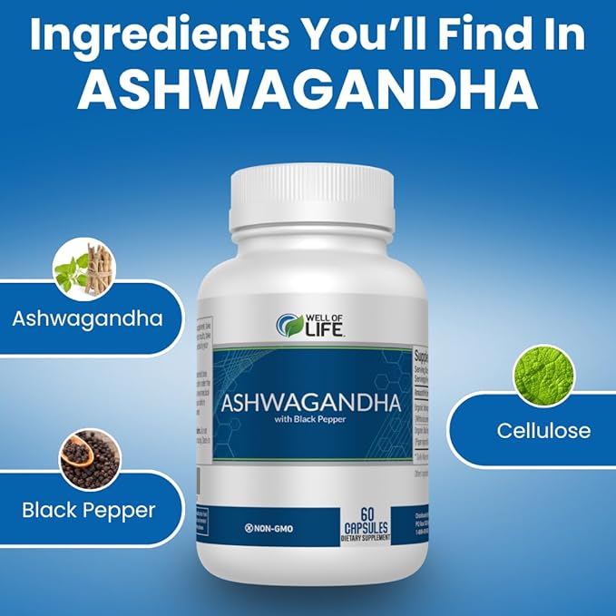 Well of Life: Organic Ashwagandha 650mg + Black Extract 60 Veg Capsules: Enhanced Sleep & Well-Being. Adrenal Health Support. Non-GMO, GMP Certified. Made in USA.