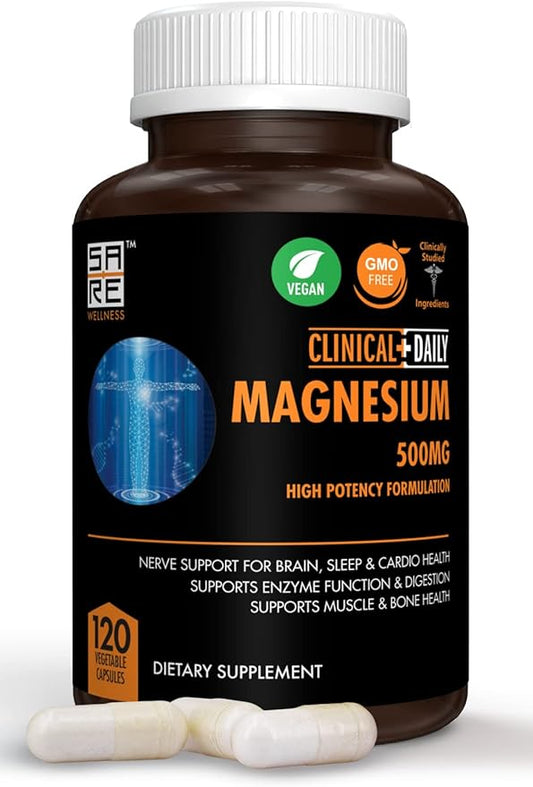 CLINICAL DAILY Pure Magnesium Citrate Capsules High Potency 500mg with Natural Magnesium Oxide. Vegan Magnesium Supplement for Women and Men Supports Rest, Enzyme and Nerve Function. 120 Ct 2 Months