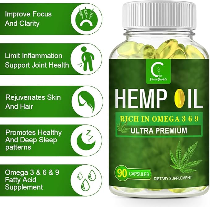GPGP GreenPeople 100% Natural Hemp Oil Capsules - 180 Servings - Extra Strength Hemp Oil Extract for Stress, Sleep & Mood Support, Rich in Omega 3, 6, 9