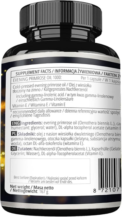 APOLLO'S HEGEMONY Evening Primrose Oil 1000 mg with Vitamin E - Contains 100 mg of GLA Acid - 120 Softgel Capsules - 4 Months Supply - Diet Supplement to Support Hormonal Balance and Skin Health