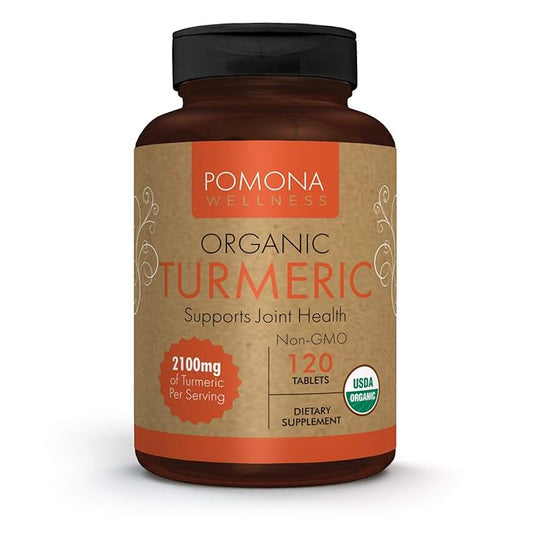 Pomona Wellness Organic Turmeric Supplement 2100 mg, USDA Organic, Non-GMO, Vegan, Turmeric Curcumin with Black Pepper for Absorption, for Joint Support and Immunity, 120 Tablets