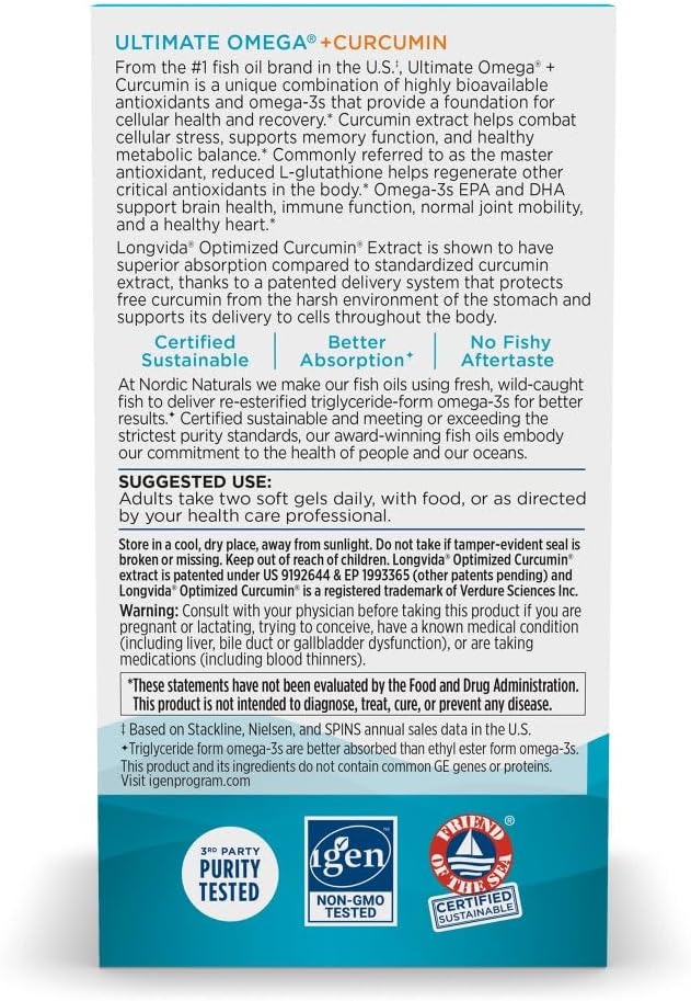 Nordic Naturals Omega Curcumin, Lemon - 60 Soft Gels - 1200 mg Omega-3 + 400 mg Optimized Curcumin - Combats Cellular Stress - Non-GMO - 30 Servings