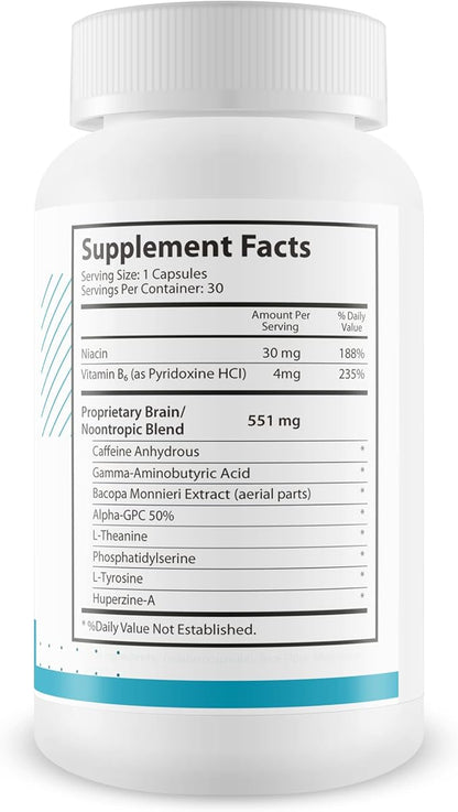 Pro Brain Savior - Nootropic Brain Supplement - Pro Mind Boost Formula for Memory, Focus, & Clarity - Study Pills - Bacopa, Niacin, Caffeine + L-Theanine, GABA - Promote Memory Retention & Learning