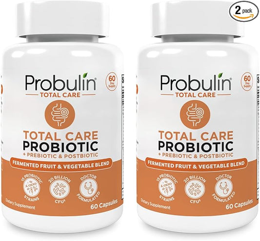 Probulin Total Care Pre + Pro + Postbiotic, 20 Billion CFU, 60 Vegan Capsules (Pack of 2)