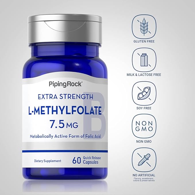 Piping Rock L-Methylfolate 7.5 mg | 60 Capsules | Extra Strength Supplement | Active Folic Acid | Non-GMO, Gluten Free