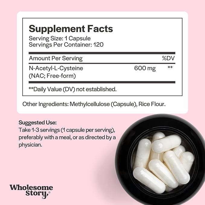 Wholesome Story NAC Supplement N Acetyl Cysteine 600 mg | Liver, Lung & Fertility Support | 120 Capsules | 120 Serving Supply