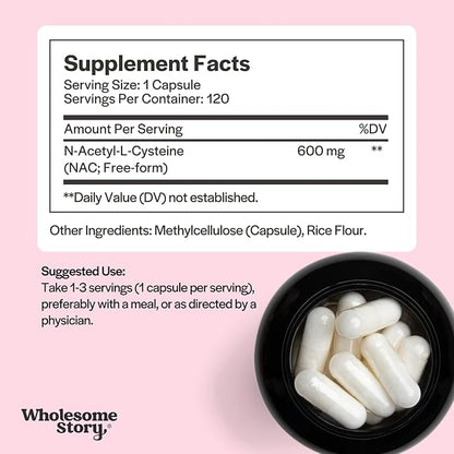 Wholesome Story NAC Supplement N Acetyl Cysteine 600 mg | Liver, Lung & Fertility Support | 120 Capsules | 120 Serving Supply