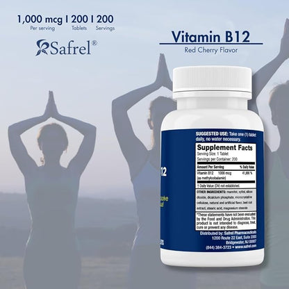 Safrel Vitamin B12 1000 mcg Methylcobalamin, 200 Fast Dissolve Tablets, Easy to Take Sublingual B12 Cherry Flavor, 200 Day Supply