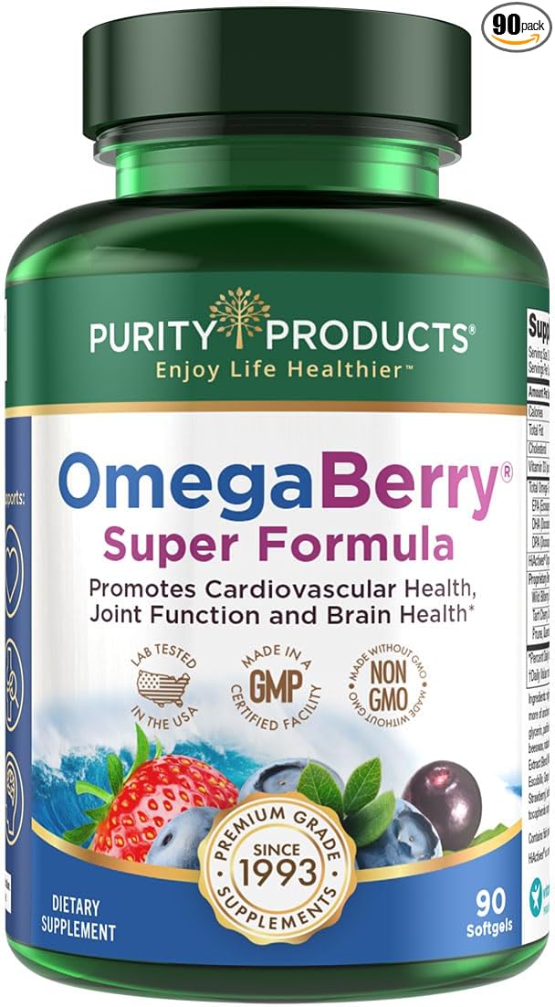 Purity Products OmegaBerry Fish Oil w/Vitamin D3 + Organic Acai Super Formula - 1875 mg of Concentrated, Molecularly Distilled, Ultra Pure Omega-3s 1080 mg EPA + 720mg DHA + 120 mg DPA - 90 Count
