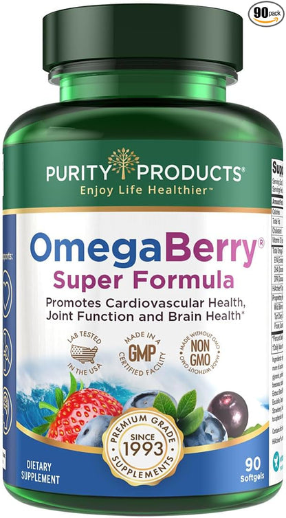 Purity Products OmegaBerry Fish Oil w/Vitamin D3 + Organic Acai Super Formula - 1875 mg of Concentrated, Molecularly Distilled, Ultra Pure Omega-3s 1080 mg EPA + 720mg DHA + 120 mg DPA - 90 Count