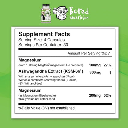 Bored Nutrition M2K: Magtein Magnesium L-threonate & Ashwagandha Supplement - 1500mg Magtein, 300mg KSM-66, Plus 200mg Magnesium