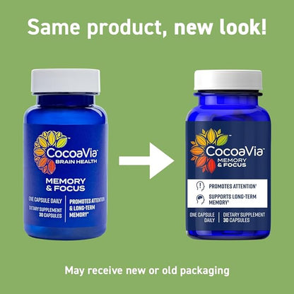 CocoaVia Memory & Focus Brain Supplement, 30 Day, Cocoa Flavanol Blend, Lutein, Added Caffeine for Boost. Improve Cognitive Function, Attention, Vegan & Plant Based, 30 Capsules