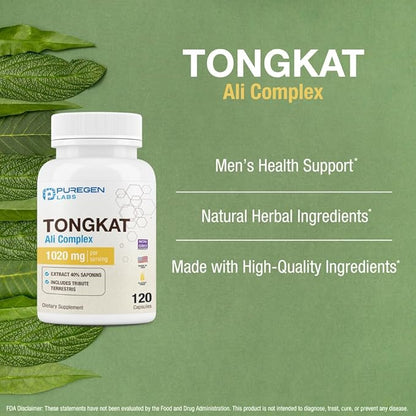 Puregen Labs Tongkat Ali Extract 200 to 1 for Men, 1020mg per Serving, [High Potency] Total 240 Capsules - Men's Health Support with 20mg Tribulus Terrestris | Non-GMO, Gluten Free, Made in USA