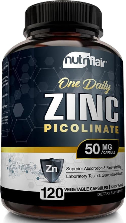 NutriFlair Zinc Picolinate 50mg, 120 Capsules - Maximum Absorption Zinc Supplement Pills - Immune System Booster, Immunity Defense, Powerful Non-GMO Antioxidant - Compare to gluconate, Citrate, Oxide