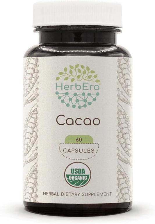 Cacao USDA Organic 60 Capsules | Natural Herbal Supplement | Certified Organic Vegetarian Capsules and Organic Cacao (Theobroma Cacao) Dried Raw Beans (60 Capsules)