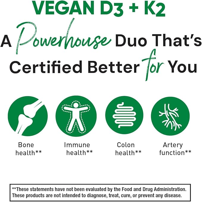 Country Life Vegan D3 + K2 – 5000 IU Vitamin D3 & 100 mcg MK-4 & MK-7 | Supports Bone, Immune, Colon & Artery Health | Certified Vegan, Gluten-Free, B-Corp, 60 Capsules