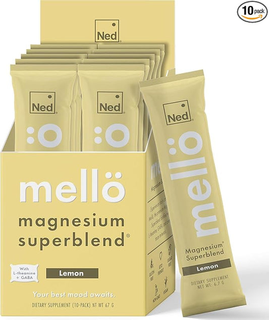 Mellö Magnesium Supplement Superblend Powder - Magnesium Glycinate with L-Theanine, GABA, and Trace Minerals - Supports Sleep, Relaxation, and Balanced Energy - Lemon Flavor, 10-Pack, Singles