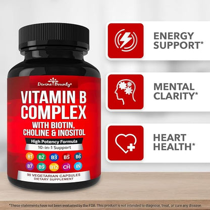 Divine Bounty Super B Complex Vitamins - All B Vitamins Including B12, B1, B2, B3, B5, B6, B7, B9, Folic Acid - Vitamin B Supplement - Support Healthy Energy Metabolism - 90 Vegetarian Capsules