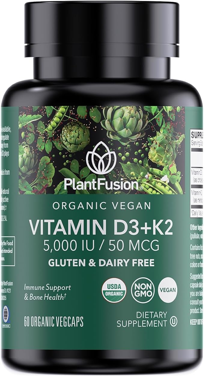 PlantFusion Organic Vegan Vitamin D3 + K2 5,000 IU, 50MCG – Vitamin D Sourced from Plant Based Lichen and Vitamin K2, for Immune Support and Bone Health - 60 Capsules