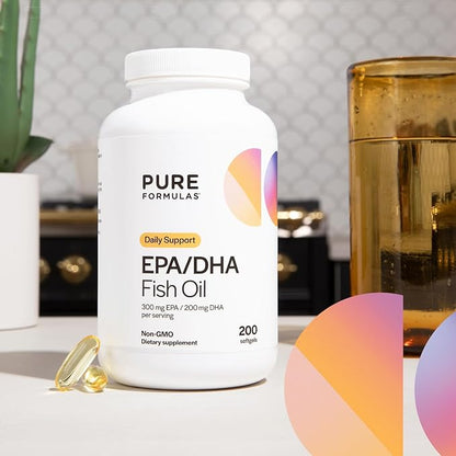 EPA DHA Omega 3 Supplement 300 mg EPA 200 mg DHA Per Serving | Fish Oil Omega 3 Fatty Acids for Women & Men High EPA Fish Oil EFA Support Cardiovascular and Brain Health Non-GMO 200 Softgels