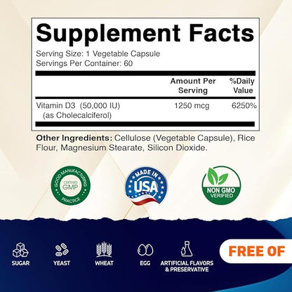 Vitamatic Vitamin D3 50,000 IU (as Cholecalciferol), Once Weekly Dose, 1250 mcg, 60 Veggie Capsules 1 Year Supply, Progressive Formula Helping Vitamin D Deficiencies (60 Count (Pack of 1))