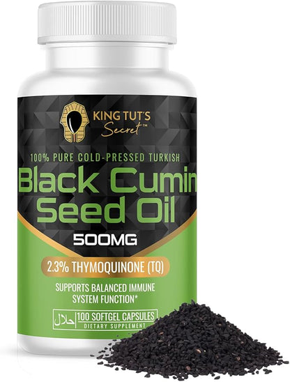 KING TUT'S SECRET Black Seed Capsules - 500 mg 100 Softgels - Nigella Sativa Extract, Black Cumin Supplement for Hair, Antioxidant Support, Immune System - Halal Black Seed Cumin Oil Capsules