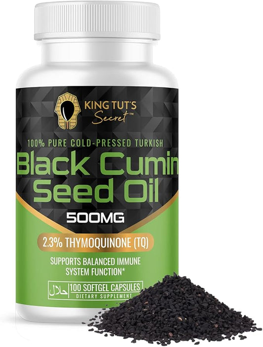 KING TUT'S SECRET Black Seed Capsules - 500 mg 100 Softgels - Nigella Sativa Extract, Black Cumin Supplement for Hair, Antioxidant Support, Immune System - Halal Black Seed Cumin Oil Capsules