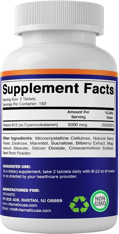 Vitamatic Vitamin B12 5000 mcg – 365 Fast Dissolve Tablets Berry Flavor – Supports Energy Production & Nervous System Health – Non-GMO, Gluten-Free