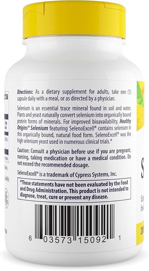 Healthy Origins Selenium 200 mcg (Seleno Excell, Fermented, Non-GMO, Gluten Free, Bladder Support, Immune Function, Cellular Support), 180 Capsules