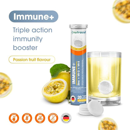 nutrazul Immune+ Effervescent Tablets | Vitamin C and Zinc with Vitamin E | 20 Tablets | Immune Support for Adults & Kids | Ideal for Flu Season Protection | Passion Fruit Flavor