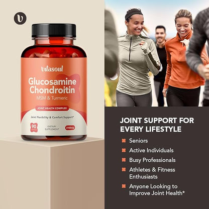 Glucosamine Chondroitin, Turmeric & MSM - Joint Support Supplement for Women & Men - Dietary Supplement - 90 Capsules