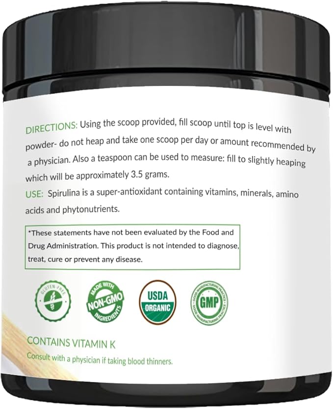 Premium USDA Organic Spirulina Powder - Organic Spirulina of Blue Green Algae from California & Hawaii – 100% Vegetarian & Vegan, Non-GMO, Non-Irradiated – The Best Green Superfood for Smoothies!