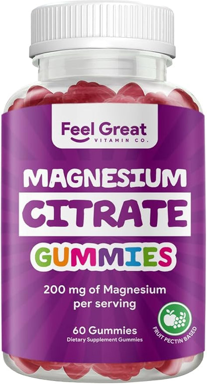 Feel Great Vitamins Magnesium Citrate Gummies - High Absorption for Muscle Relaxation, Calm & Sleep Support, Aids Occasional Constipation, Vegan, Non-GMO, 200mg Per Serving - 60 Gummies