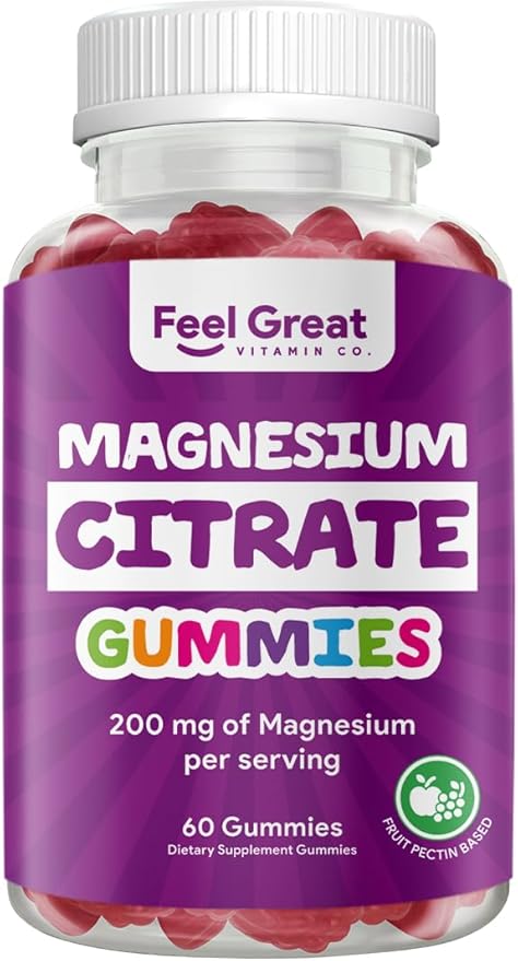 Feel Great Vitamins Magnesium Citrate Gummies - High Absorption for Muscle Relaxation, Calm & Sleep Support, Aids Occasional Constipation, Vegan, Non-GMO, 200mg Per Serving - 60 Gummies