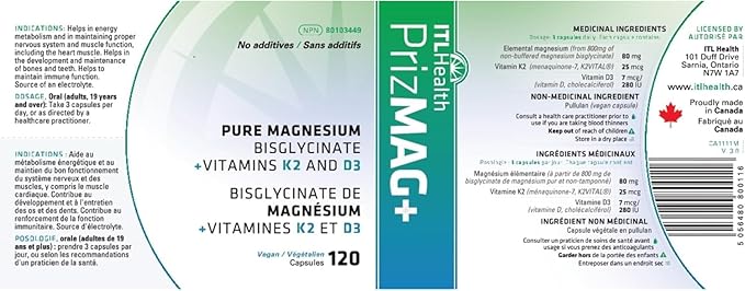 ITL Health Pure Magnesium Bisglycinate VIT K2 D3, 120 CT
