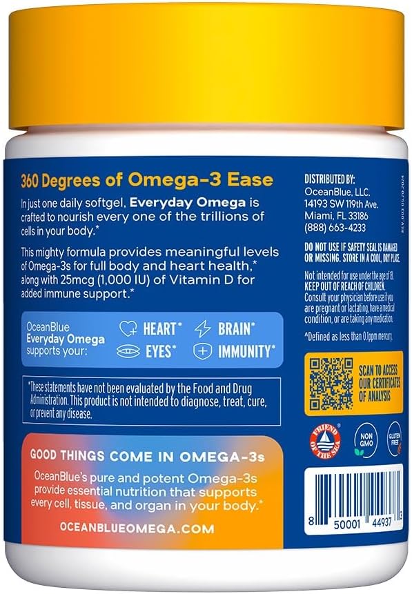 Oceanblue Essentials Everyday Omega 3 – 30 Softgels, 1 Month Supply – 720 mg of Burpless Fish Oil with 25mcg (1000IU) of Vitamin D3 – Heart and Immune Support – Molecularly Distilled – Orange Flavor