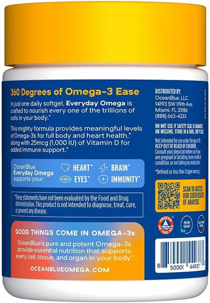 Oceanblue Essentials Everyday Omega 3 – 30 Softgels, 1 Month Supply – 720 mg of Burpless Fish Oil with 25mcg (1000IU) of Vitamin D3 – Heart and Immune Support – Molecularly Distilled – Orange Flavor