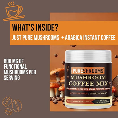 Perfect 7 Mushroom Coffee - Ultra Concentrated Mushroom Extracts with Low Acidity Arabica Coffee -Turkey Tail, Lion's Mane, Cordyceps, Reishi, Shiitake, Maitake, Chaga (100 Grams/3.53oz)